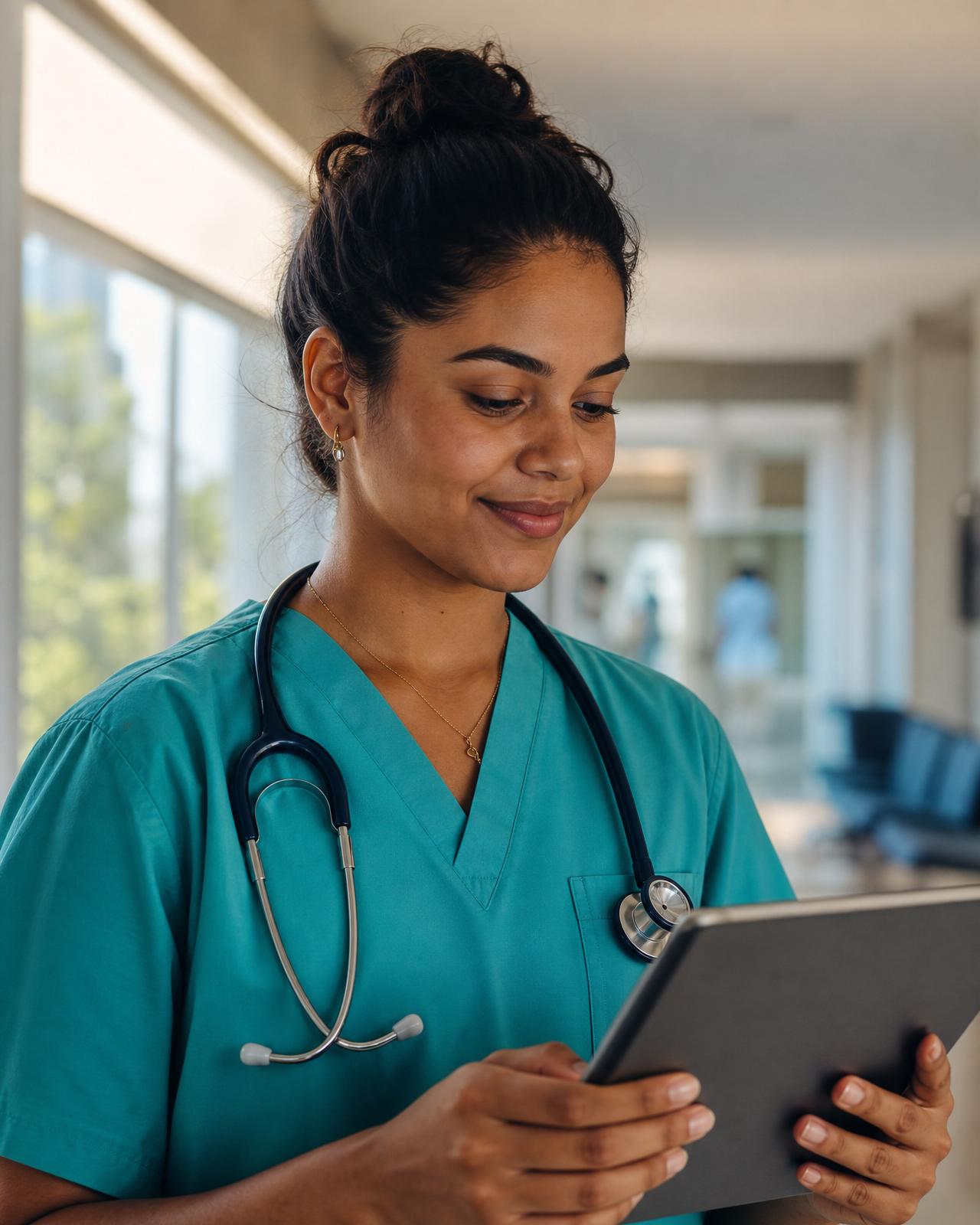 Profesional de salud dominicana consultando el expediente universal del paciente en una tablet